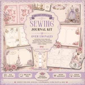 Sewing Journal Kit Printable, Vintage Sewing Junk Journal, 130 Pages Shabby Chic Ephemera, Lace, Ribbon, Button Cards, Fabric Swatch Cards