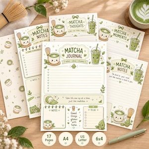 May include: A collection of stationery sheets featuring matcha-themed illustrations, including cups, whisks, and text like Matcha Journal, Matcha Notes, and Matcha Thoughts. The designs incorporate soft green accents, lined writing areas, and checklists.