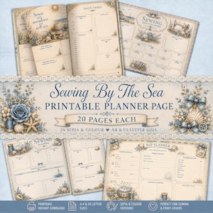Peut inclure: Un ensemble de pages de planification imprimables intitulé Sewing By The Sea, comprenant 20 pages en sépia et en couleur. Le design présente des illustrations florales et nautiques, des outils de couture et des sections pour le suivi.