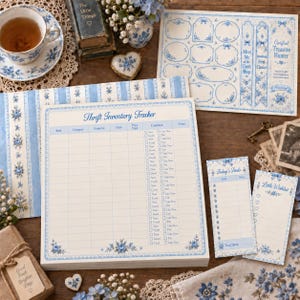 Könnte beinhalten: Ein Thrift Inventory Tracker Notizblock mit blauen Blumenrändern, begleitet von einer passenden Today's Finds Liste, einer Little Wishlist und einem Bogen mit dekorativen Etiketten. Das Briefpapier besteht aus cremefarbenem Papier mit blauem Text und Blumenmotiven.