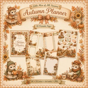 Höstplanerare Utskrivbar Små möss av alla årstider Planerare 28 söta planeringssidor A4 US Letter 6x4 Kawaii musjournal JPEG