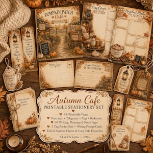 May include: An Autumn Cafe printable stationery set featuring various paper goods with fall-themed illustrations of pumpkins, lanterns, and cozy cafe scenes. The collection includes planners, postcards, telegrams, bookmarks, and tags with text.