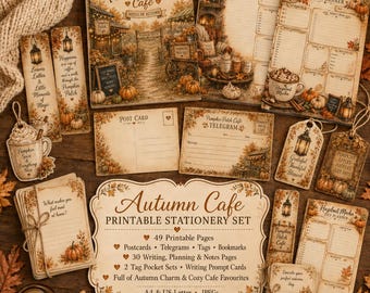 May include: A printable stationery set featuring autumn-themed designs with pumpkins, lanterns, and cafe illustrations. Includes planners, postcards, telegrams, tags, and bookmarks with text like Pumpkin Patch Cafe and Hazelnut Mocha.