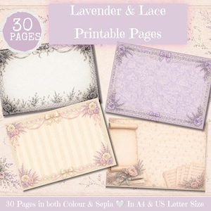Può includere: Una collezione di pagine stampabili con un'estetica vintage. Le pagine presentano disegni floreali e in pizzo in morbidi colori pastello, tra cui lavanda, crema e seppia. Il testo sull'immagine recita "Lavender & Lace Printable Pages" e "30 Pages".
