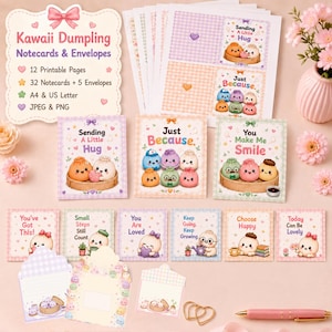 Puede incluir: Un conjunto de tarjetas y sobres imprimibles Kawaii Dumpling con ilustraciones de dumplings antropomórficos en vaporeras de bambú. Las tarjetas incluyen textos como Sending A Little Hug, Just Because y You Make Me Smile, con fondos de colores pastel y bordes decorativos.