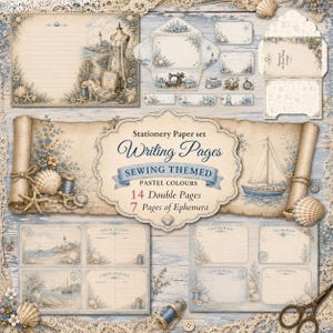 May include: A stationery paper set featuring sewing and nautical themes in pastel colors. The collection includes writing pages, envelopes, tags, and ephemera with illustrations of a lighthouse, sailboat, sewing machine, and seashells on aged paper.