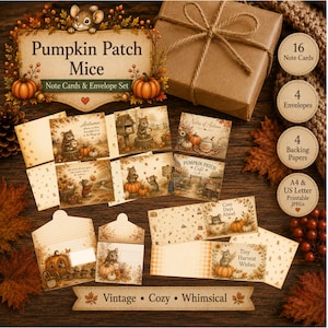 Puede incluir: Un set de tarjetas de notas y sobres Pumpkin Patch Mice que incluye 16 tarjetas, 4 sobres y 4 papeles de fondo. La papelería muestra ilustraciones de ratones en entornos otoñales con calabazas y hojas. Incluye archivos JPEG imprimibles A4 y carta.