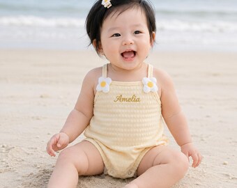 Personalized Baby Girl Romper, Custom Name Embroidered Bodysuit, Sleeveless Honeycomb Cotton Summer Outfit, Newborn to 12 Months