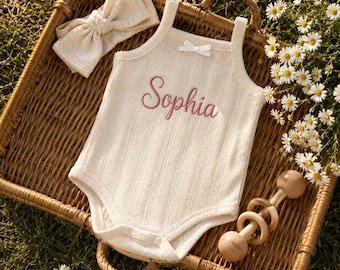 Custom Name Baby Girl Bodysuit and Headband, Soft Cotton Pointelle Romper, Newborn Baby Shower Gift, 0-18 Months