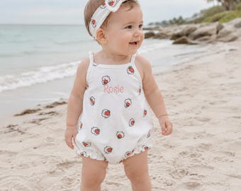 Personalized Embroider Baby Romper with Headband, Cotton Floral Bodysuit for Newborn Girl, Custom Name Baby Shower Gift 0-12M