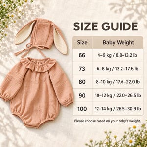 May include: A dusty rose long-sleeved romper with a ruffled collar and a matching bonnet featuring long rabbit ears. A size guide chart is displayed with sizes 66 to 100 and corresponding baby weights from 4 to 14 kg for reference.