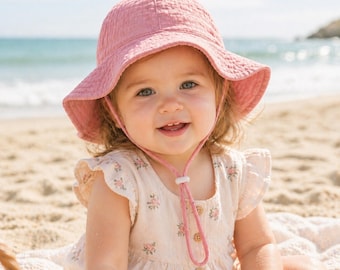 Toddler Girl Beach Hat, Baby Sun Bonnet, Cute Pink Summer Hat for Girls, Infant Cotton Floppy Hat, Baby Shower Gift for Girl 0-3Y