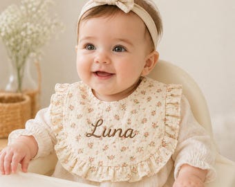 Personalized Ruffle Baby Bib, Embroidered Name Bib, Waterproof Muslin Baby Girl Bib, Custom Floral Feeding Bib, Baby Shower Gift