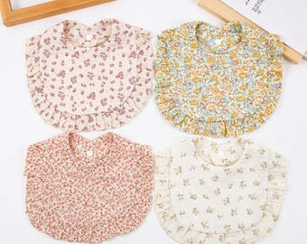 Ruffle Baby Bib, Soft Cotton Muslin Feeding Bib, Floral Drool Bib for Baby Girl Boy, Adjustable Toddler Bib