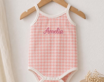 Personalized Gingham Baby Romper, Summer Beach Outfit for Baby Girl, Cotton Sleeveless Bodysuit, Custom Name, 0-12M