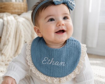 Personalized Baby Bib And Headband Set, Embroidered Name Cotton Muslin Bib, Lace Trim Drool Bib, Babies Girl Gift