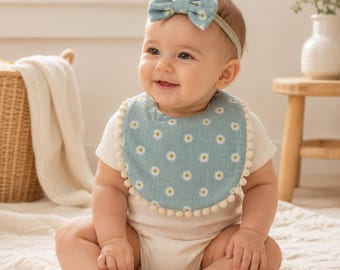 Personalized Baby Bib Set, Embroidered Name Muslin Bib, Baby Headband Set, Custom Newborn Gift, Floral Baby Girl Outfit 0-4Y