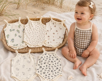 Baby Girl Beach Romper with Name Embroidery, Sleeveless Cotton Bodysuit for Vacation, Picnic and Summer Photos