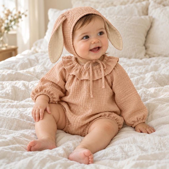 Bunny Ear Bonnet Romper, Muslin Long Sleeve Baby Romper, Ruffle Collar Rabbit Costume Outfit, Rust Terracotta, Size 66-100