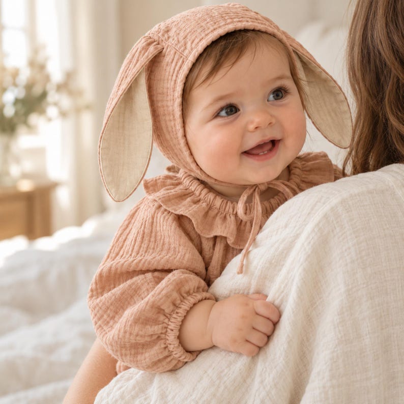 May include: A dusty rose-coloured long-sleeved top with a ruffled collar and a matching bonnet featuring long, floppy rabbit ears. The bonnet is tied under the chin with thin fabric strings, and the garment is made of a textured, crinkled fabric.