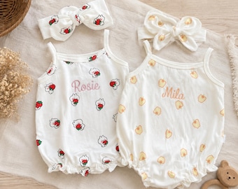 Baby Girl Summer Romper Set with Matching Turban, Cotton Strap Bodysuit, Floral Fruit Outfit, Beach Vacation 0-12M