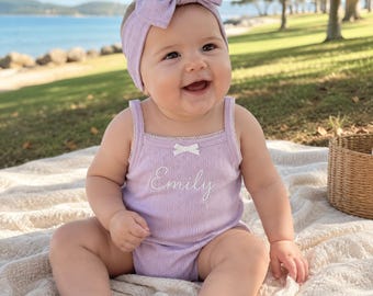 Personalized Baby Girl Summer Romper Set, Embroidered Name Cotton Bodysuit with Bow Headband, Beach Outfit 0-18M