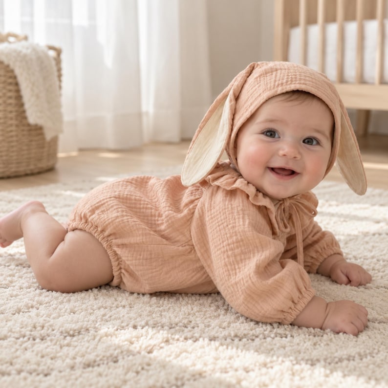May include: A peach-coloured long-sleeve romper with a ruffled collar and a matching bonnet featuring long, floppy rabbit ears. The garment is made of a textured muslin fabric and includes a tie closure at the neckline of the bonnet.