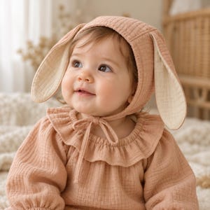 May include: A dusty rose-coloured muslin bonnet featuring long, floppy rabbit ears with a cream-coloured interior lining and a tie closure under the chin, paired with a matching long-sleeved shirt that has a ruffled collar and a textured fabric finish.
