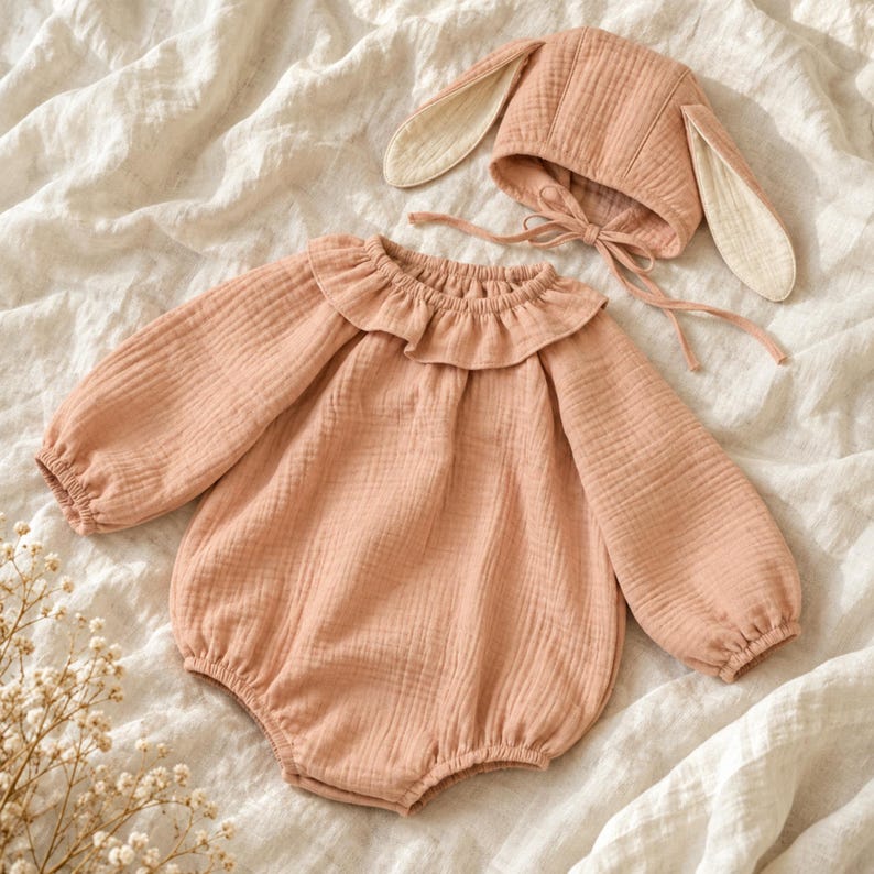 May include: A dusty peach-coloured long-sleeve baby romper featuring a ruffled collar and elasticated cuffs, paired with a matching bonnet that has two long, floppy rabbit-style ears and thin fabric ties for securing under the chin.