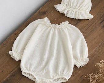 Baby Cotton Romper and Bonnet Set, Long Sleeve Newborn Outfit, Cream Baby Clothes, Soft Infant Bubble Romper, Baby Girl Outfit
