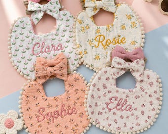 Custom Baby Name Bib Set, Personalized Muslin Cotton Bib with 2 Bow Headbands, Embroidered Newborn Gift, Baby Shower Keepsake