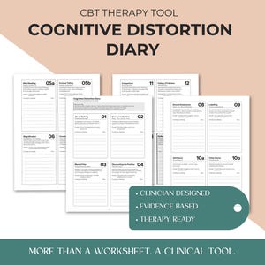 Cognitive Distortion Diary | CBT Thought Pattern Tracker | Therapy Worksheet Homework | Self Help Exercises