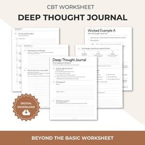 Könnte beinhalten: Ein Set aus weißen KVT-Arbeitsblättern mit dem Titel Deep Thought Journal, schwarzem Text, Schreibzeilen und Kontrollkästchen. Ein braunes sternförmiges Abzeichen mit dem Text DIGITAL DOWNLOAD und einem Wolkensymbol befindet sich unten links.