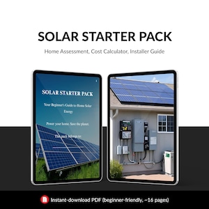 Puede incluir: Dos tabletas muestran una guía "SOLAR STARTER PACK" sobre energía solar doméstica, con un calculador de costos y una guía de instalación. Una muestra paneles solares, la otra una instalación en una casa. La guía es un PDF para principiantes.