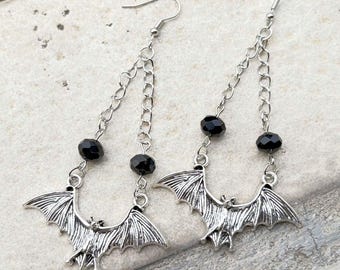 Gothic Bat Earrings: Silver-Tone Dangle with Black Beads – Spooky Witchy Jewelry