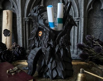 Gothic Dragon Head Pen Holder, Dark Fantasy Desk Organizer, Medieval Office Decor