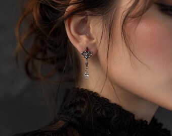 Gothic Cross Drop Earrings, Vintage Vampire Red Crystal Dangle Earring, Victorian Dark Academia Jewelry, Antique Silver Grunge Steampunk