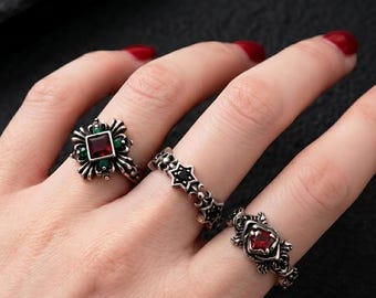 Gothic Red Rose Ring, Antique Silver Punk Statement Ring