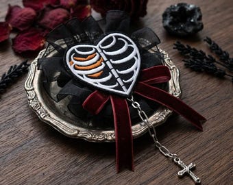 Gothic Skeleton Heart Brooch: Ribcage, Lace, Velvet Bow, Cross Pendant Accessory