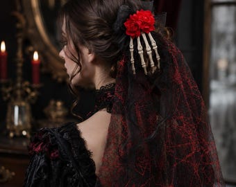 Gothic Skeleton Hand Veil, Red Roses, Spiderweb Lace Hair Clip, Dark Romance Accessory