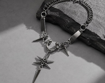 Gothic Star Spike Choker Necklace, Punk Cyberpunk Statement Collar, Dark Alt Jewelry