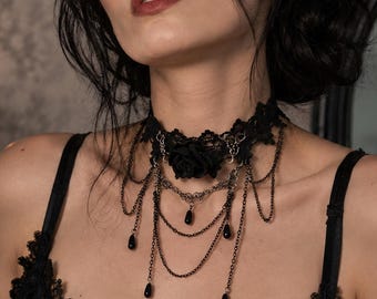 Black Lace Choker Necklace with Rose, Layered Chains, Victorian Gothic Jewelry