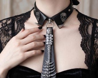 Gothic Skeleton Spine Choker Necktie, Punk Skull Collar Necklace