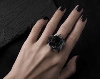 Gothic Black Rose Statement Ring, Dark Romantic Adjustable Zinc Alloy Jewelry