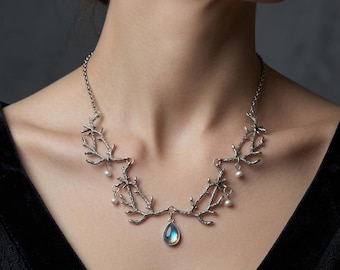 Gothic Branch Necklace, Silver Twig Choker, Elven Fairycore Jewelry