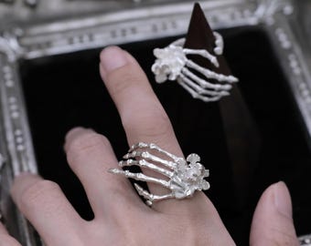 Skeleton Hand Ring, Gothic Punk Statement Jewelry, Adjustable Band