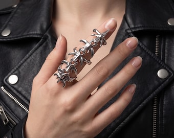 Gothic Spine Full Finger Ring, Cyberpunk Armor Joint Ring, Copper Biker Jewelry