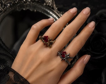 Gothic Red Ring, Antique Brass Thorns Wings, Dark Romantic Statement Jewelry