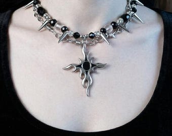 Gothic Spiked Choker Necklace, Dark Star Pendant, Alternative Punk Jewelry