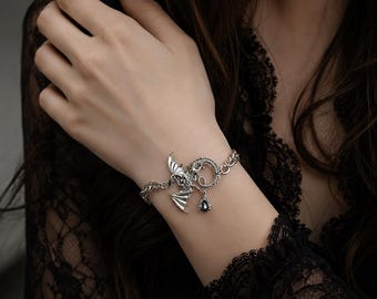 Gothic Bat Wing Bracelet, Silver-Toned Vampire Bangle, Dark Academia Jewelry